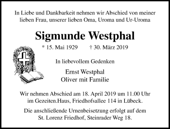 Traueranzeige von ^Sigmunde Westphal von Lübecker Nachrichten